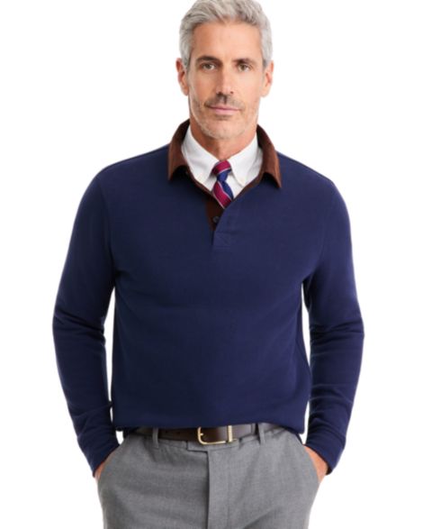 Мужское поло Club Room Long-Sleeve Corduroy Collar Knit Polo, цвет: Тёмно-синий