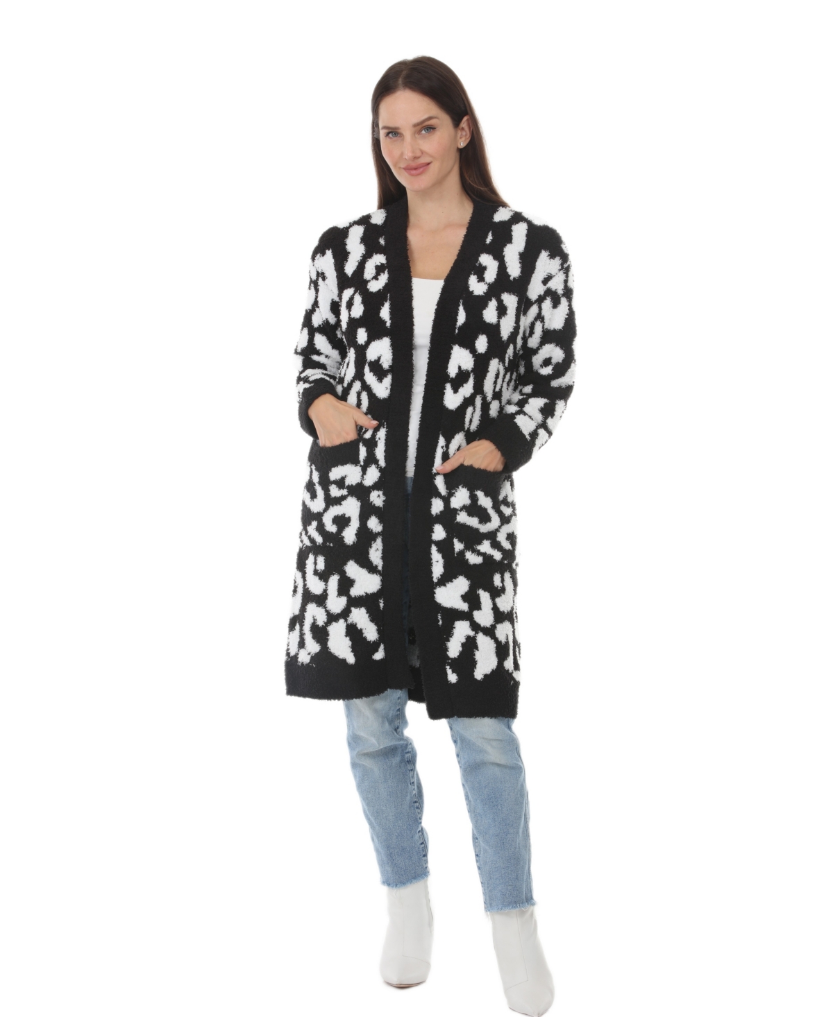 White Mark Women's Leopard-Print Sherpa Open-Front Cardigan - Black