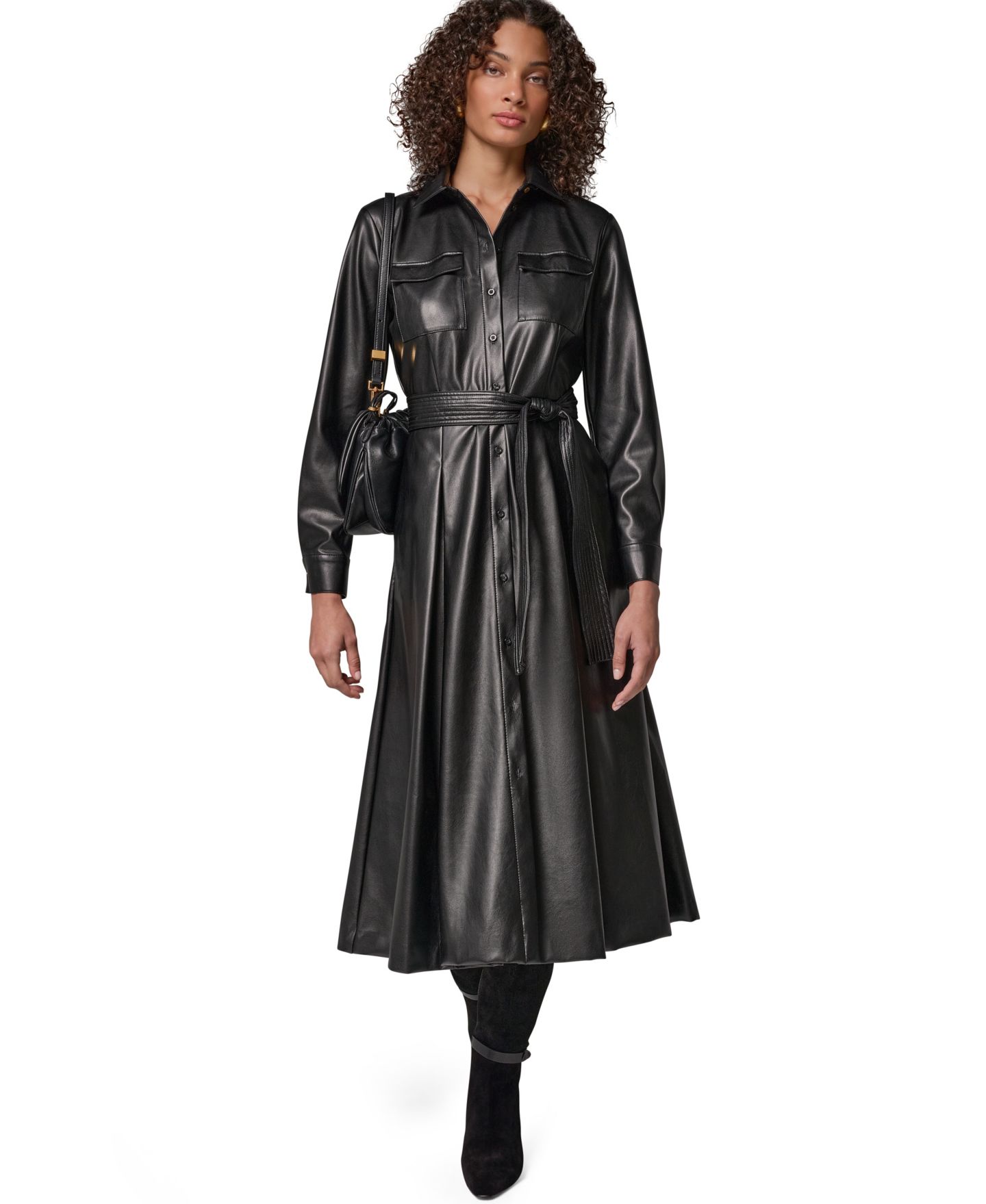 Женское платье Donna Karan New York Faux Leather Belted Fitted Shirt Dress, цвет: Чёрный — фото 3