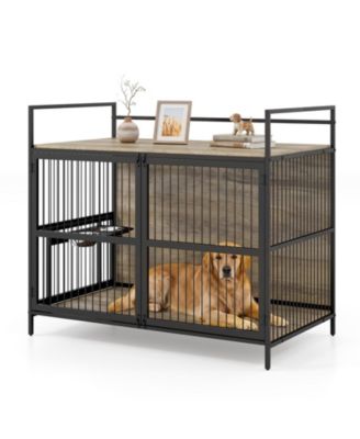 Wooden Dog Crate Height Adjustable and 360-Degree Rotatable Stainless Steel Bowls