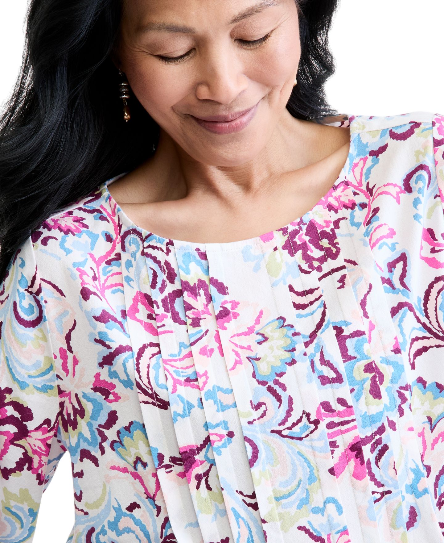 Женская блузка Style & Co Petite Pintuck Popover 3/4-Sleeve Floral-Print, цвет: Ванильный — фото 2