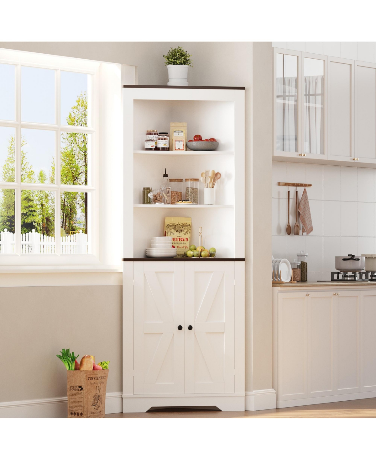 gaomon Farmhouse Tall Corner Storage Cabinet with Door, Space-Saving Sideboard with Adjustable Shelf for Kitchen, Pantry, Bathroom, or Living Room