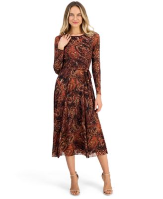 Petite Paisley A-Line Long-Sleeve Midi Dress