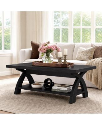 Solid Wood Coffee Table: Farmhouse rectangular table with X-shaped legs and shelf. Industrial accent cocktail table for living room