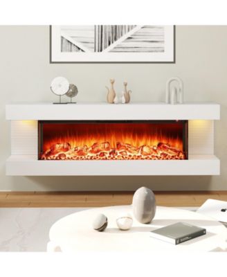 3-Sided Wall Mount Electric Fireplace with Floating Mantel, 12 Ambient LED 12 Flame Colors