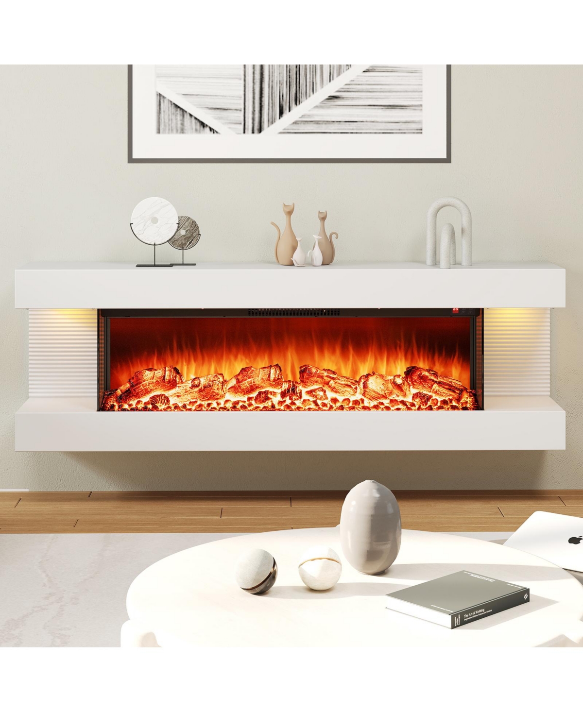 Boyel Living 3-Sided Wall Mount Electric Fireplace with Floating Mantel, 12 Ambient Led Flame Colors