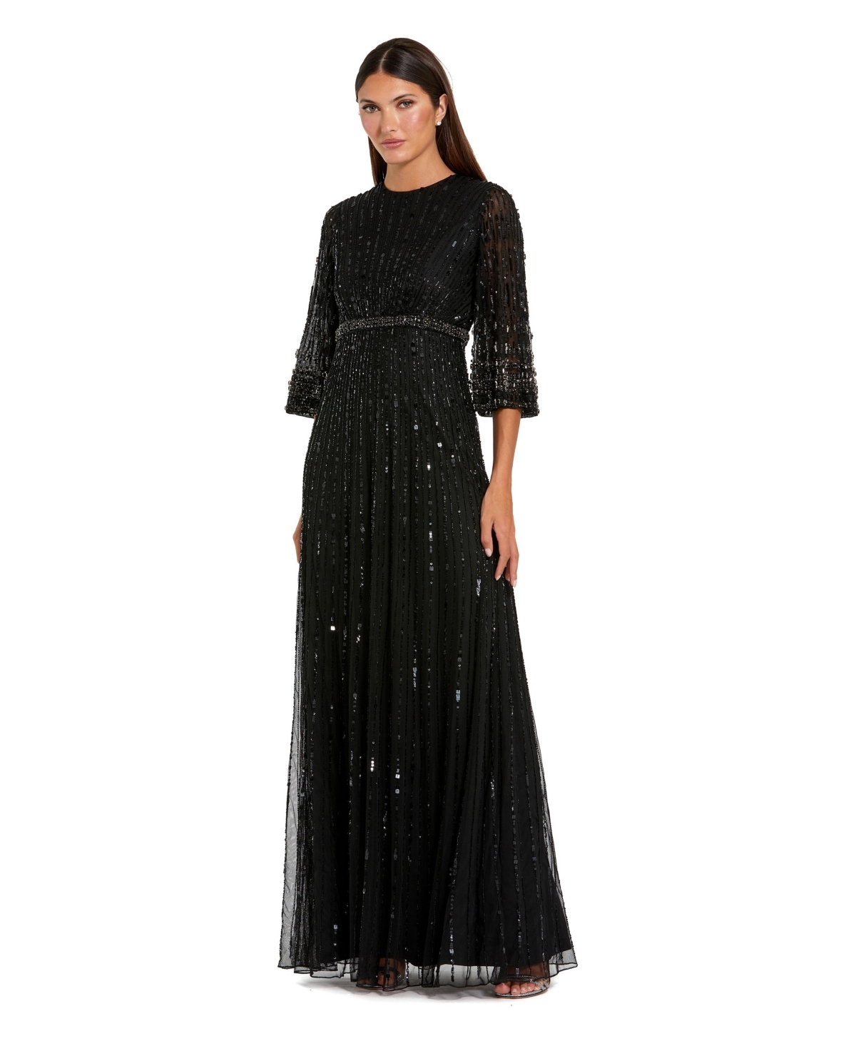 Mac Duggal Petite Sequin-Embellished Three-Quarter Sleeve A-Line Gown - Black