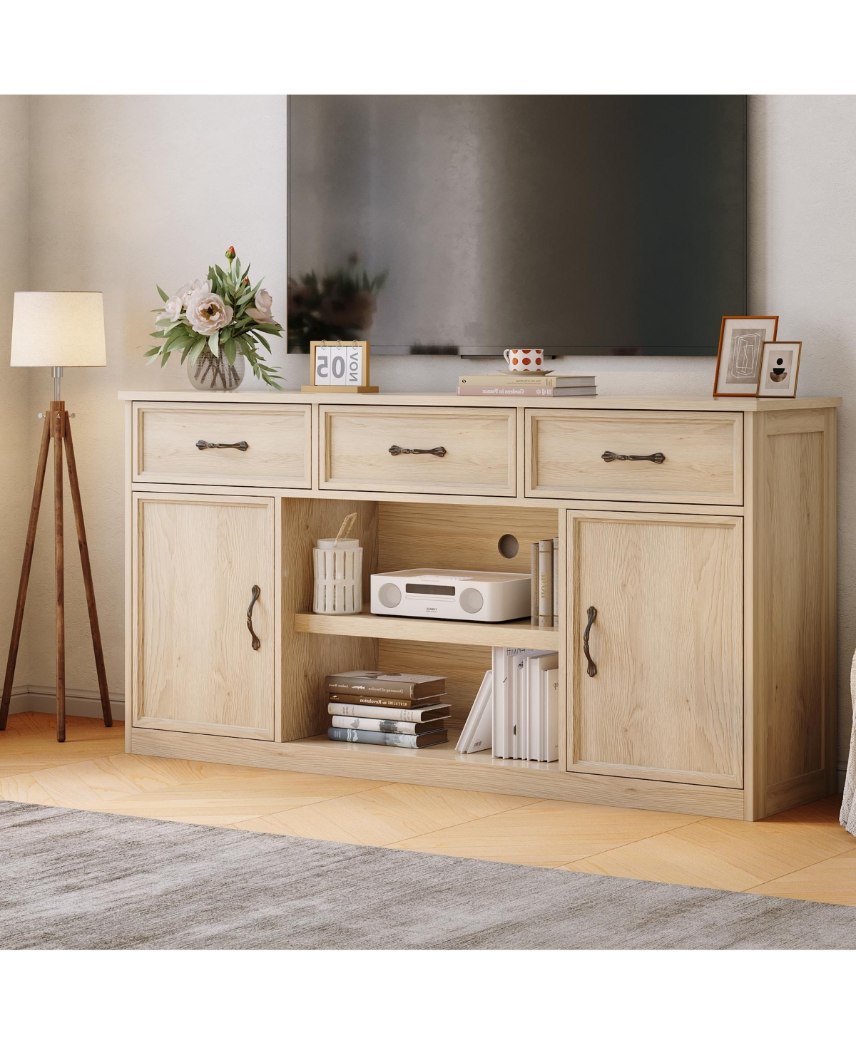 gaomon 60" Tv Stand for 65Inches Tv, Mid-Century Modern Entertainment Center with Storage Drawer and Open Shelves, Wood Media Console Table - Natural
