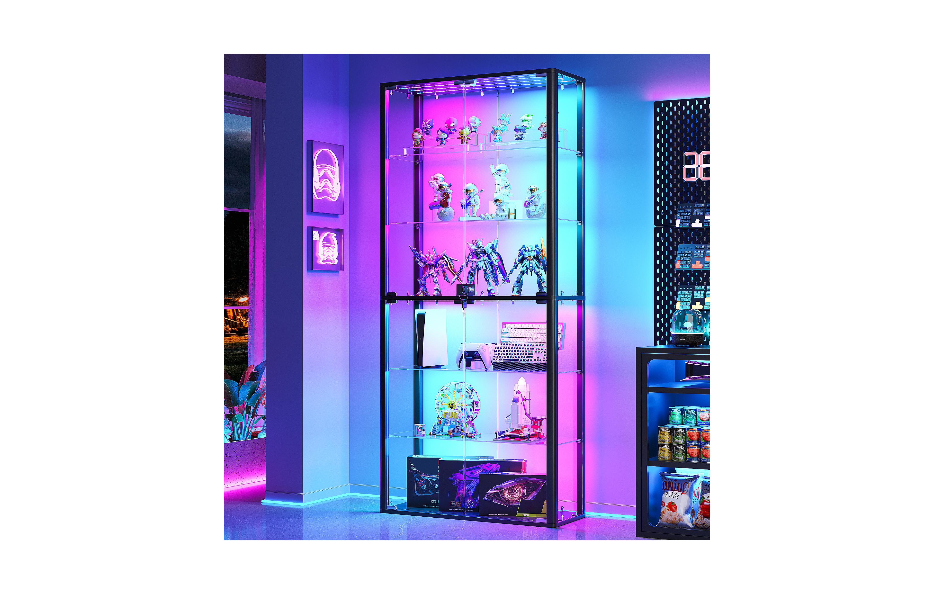 Vlsrka 6-Tier Display Cabinet with Rgb Sensor Lights, Full Glass Shelf Lock