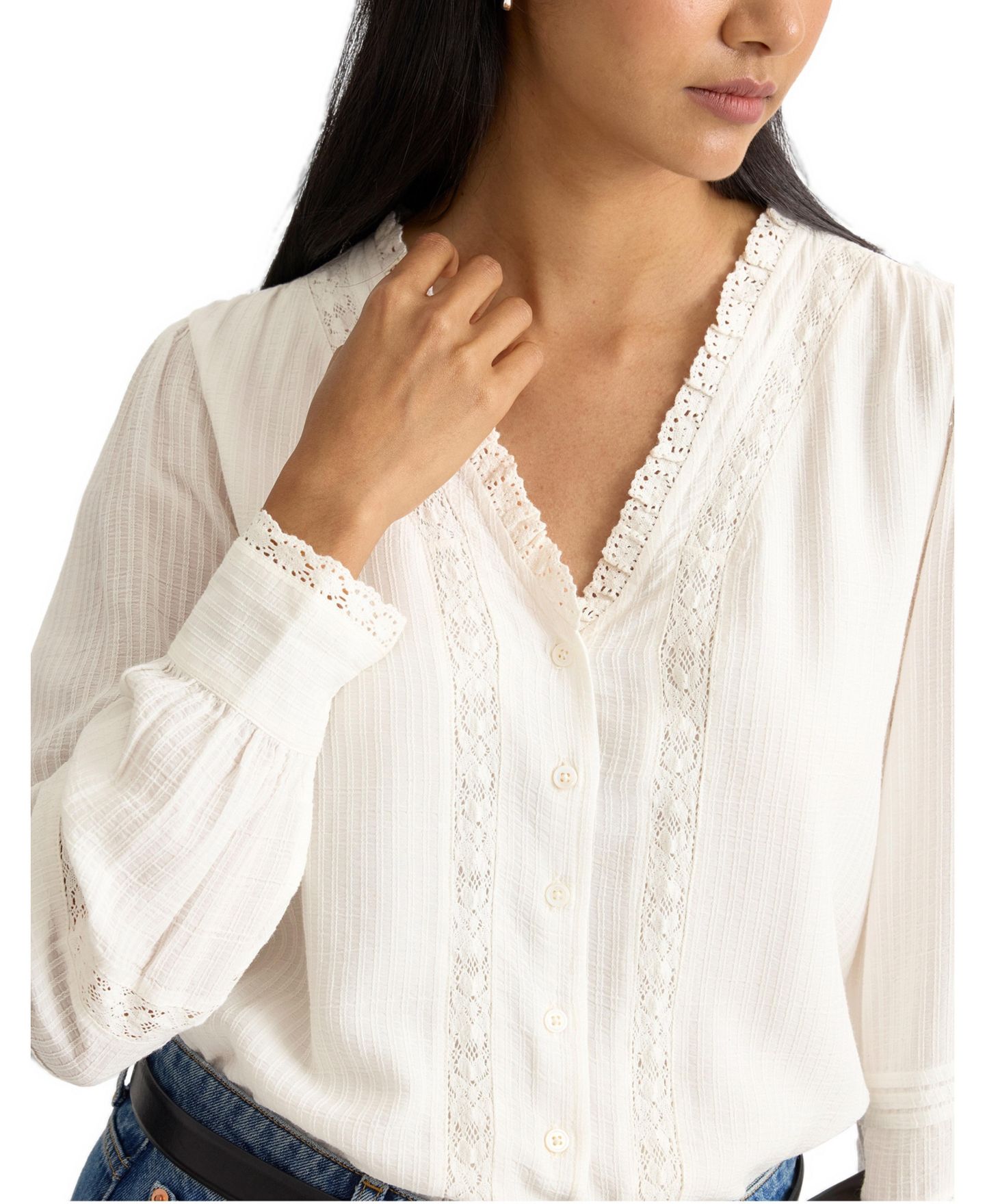 Женская блузка Albaray Long-Sleeve V-Neck Lace-Trimmed, цвет: Кремовый — фото 3