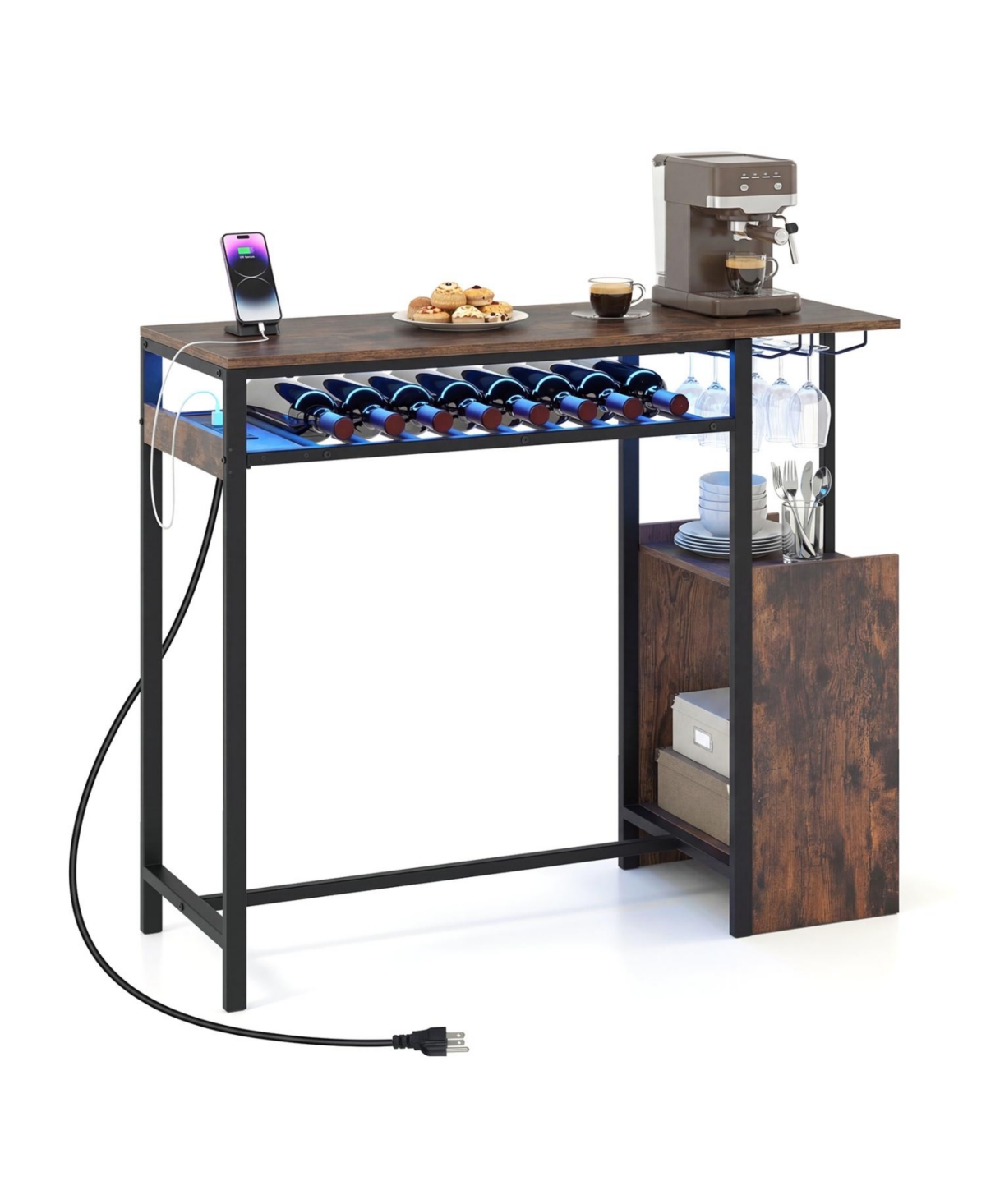 Mecale Rectangular Bar Table with Charging Station and Led Light - Rustic brown