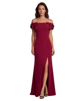 Women's Off The Shoulder Crepe Fit and Flare Gown with Front Slit and 3D Floral Appliques