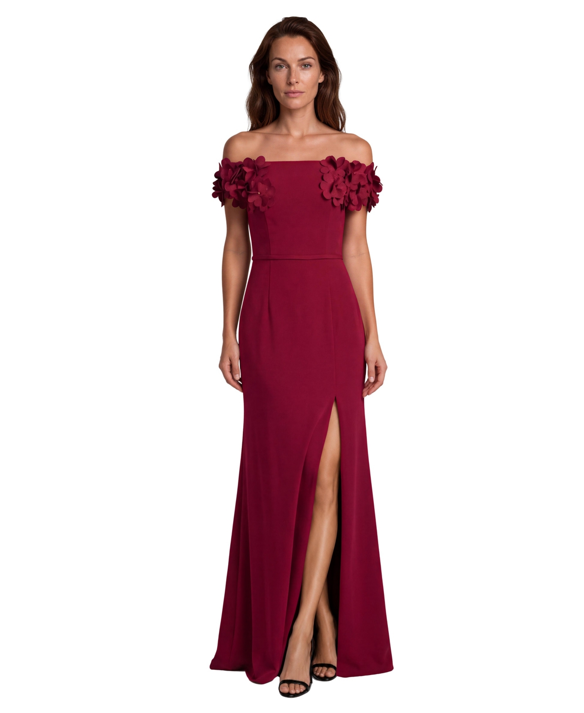 Rene Ruiz Occasion Women's Off The Shoulder Crepe Fit and Flare Gown with Front Slit and 3D Floral Appliques - Dark Red