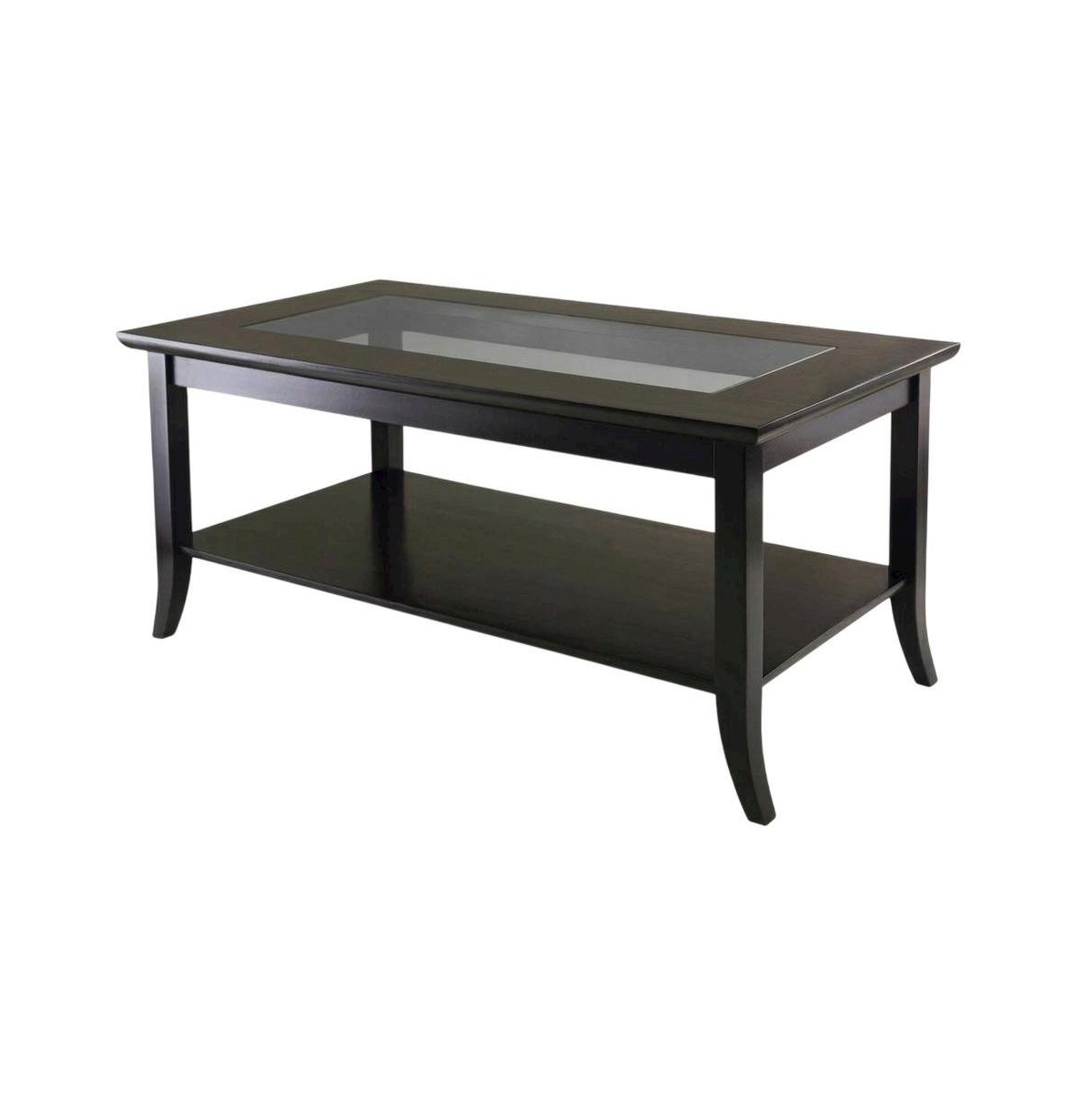 FurniFact Rectangular Coffee Table, Glass Top Shelf, Solid Wood - Espresso
