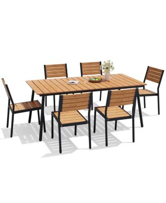 7-Piece Outdoor Dining Set Stackable Chairs and Aluminum Dining Table with Umbrella Hole for Deck, Porch and Backyard