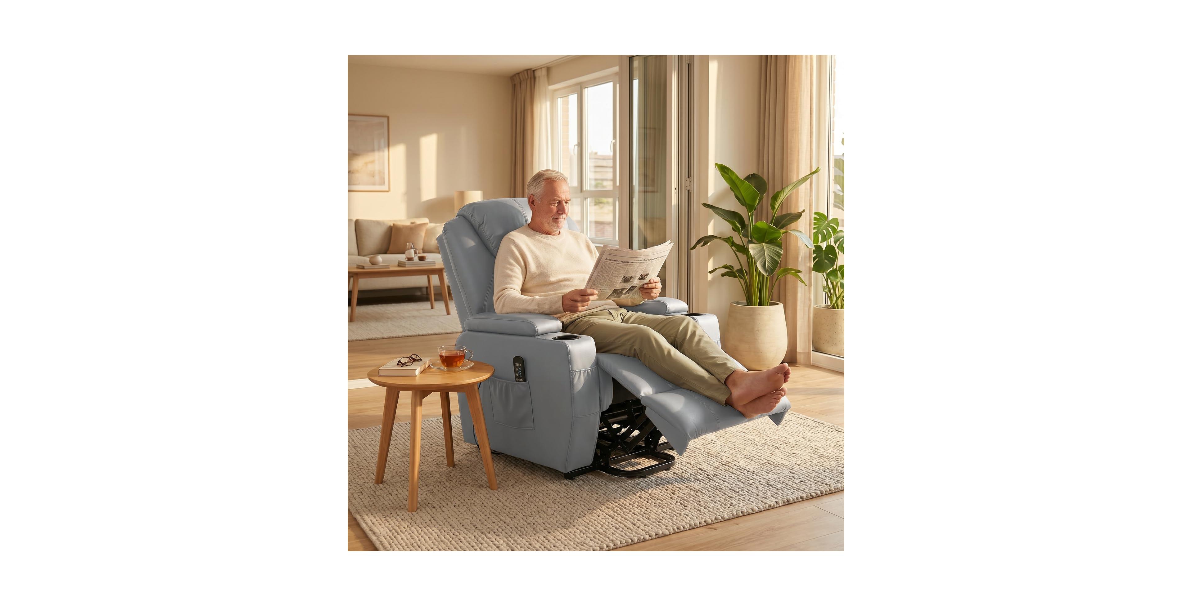 homfan Power Lift Chair Pu Leather Electric with Vibration Massage Heat Rocking Cup Holders Armrest Storage for Living Room Bedroom