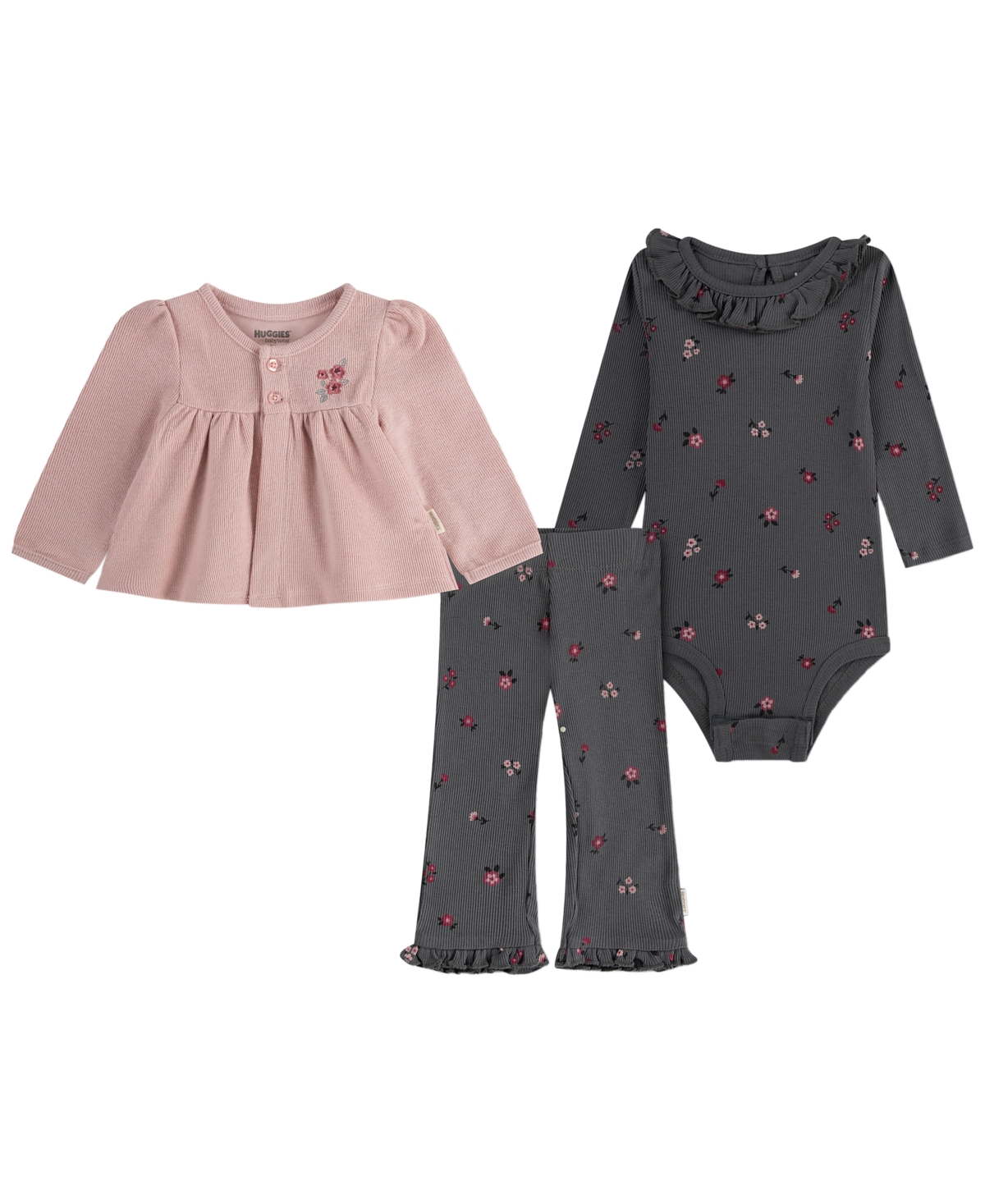 Huggies Baby Girls' Babywear Long-sleeve Cardigan, Bodysuit And Pants, 3-piece Set In Silver Pink