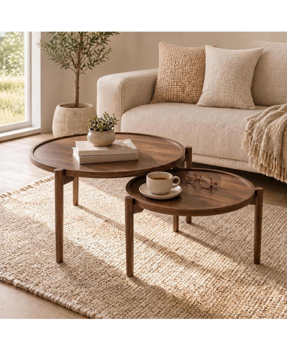 homfan Nesting Coffee Table Set of 2, Round Space-Saving Side Tables with Anti-Slip Feet