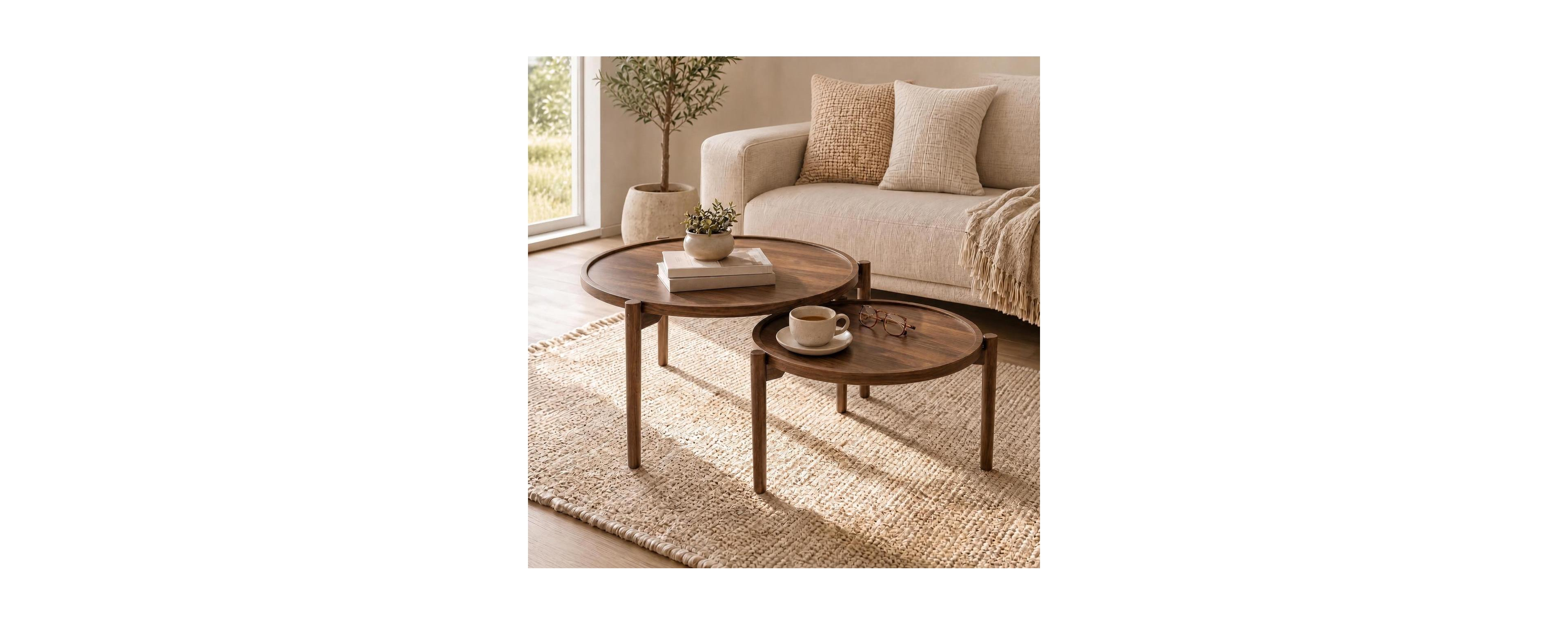 homfan Nesting Coffee Table Set of 2, Round Space-Saving Side Tables with Anti-Slip Feet