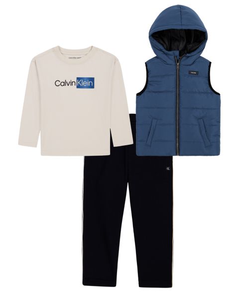 Calvin Klein Boys' 4-7 Hooded Puffer Vest, Long-Sleeve T-Shirt and Fleece Pants, 3-Piece Set, цвет: Бирюзовый / Чёрный