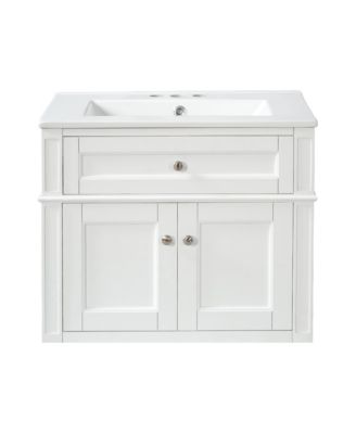 24 Inch Wall Mount Bathroom Vanity Cabinet Single Ceramic Sink Tip Out Drawer Soft Close Doors Back Open Design