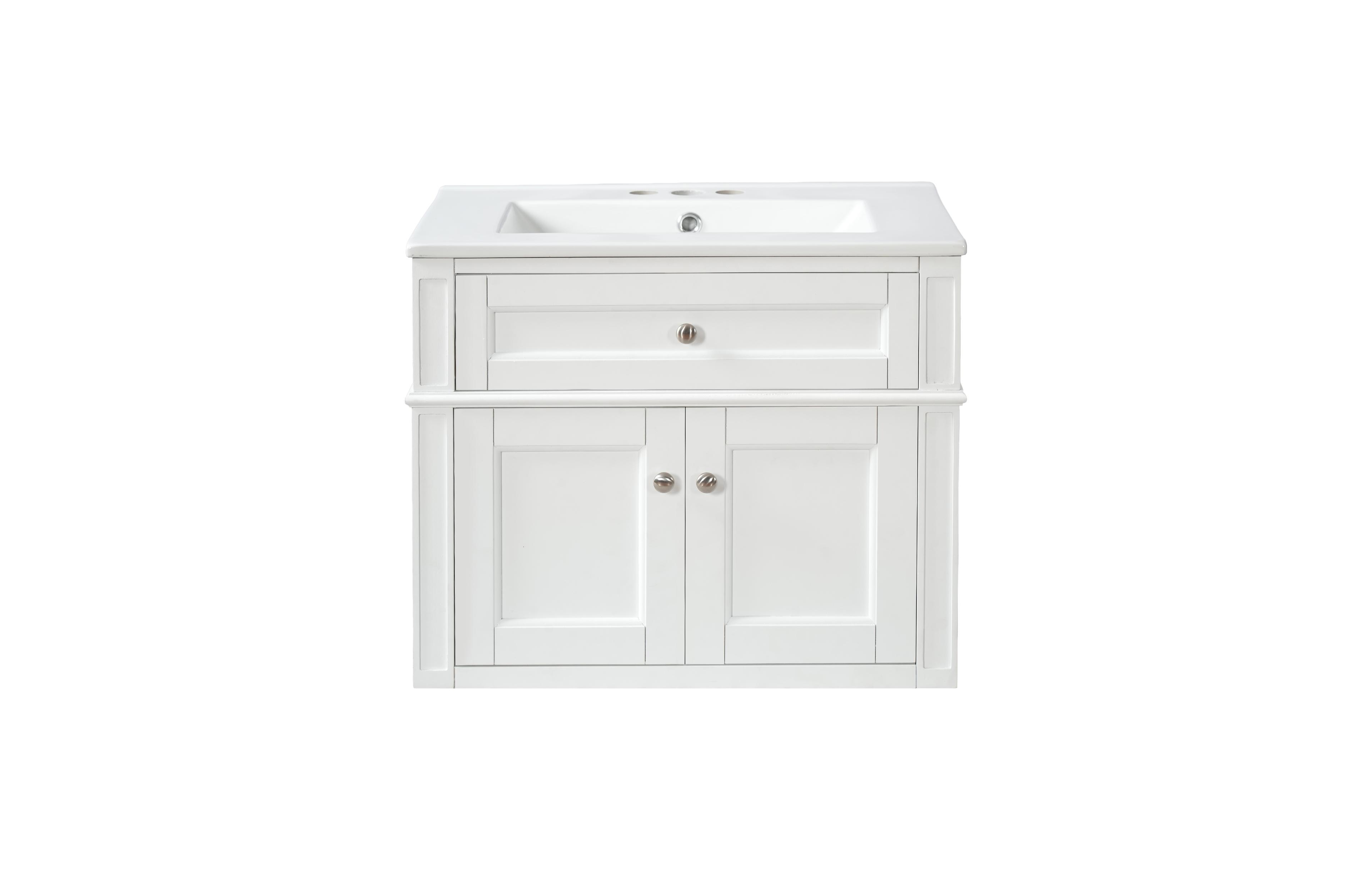 Busdays 24 Inch Wall Mount Bathroom Vanity Cabinet Single Ceramic Sink Tip Out Drawer Soft Close Doors Back Open Design