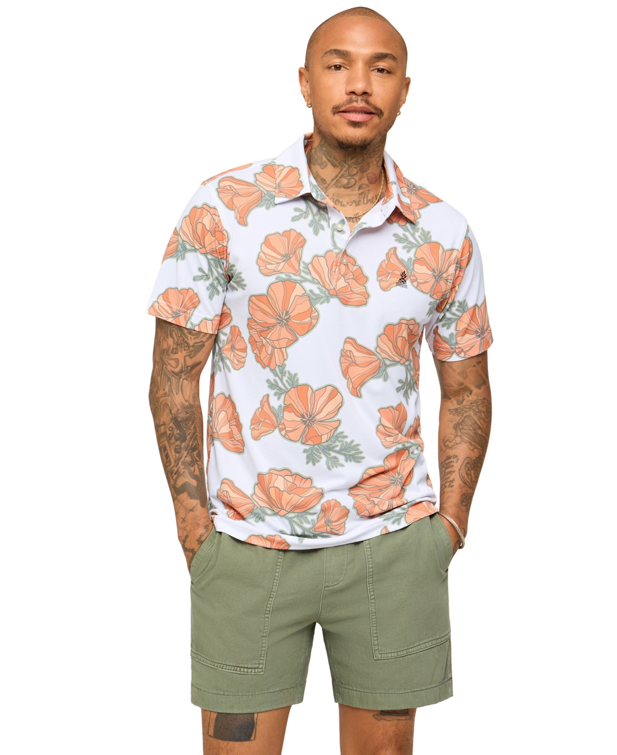Chubbies Men's The Great Grand Poppy Short-Sleeve Stretch Floral-Print Polo Shirt - Optic White