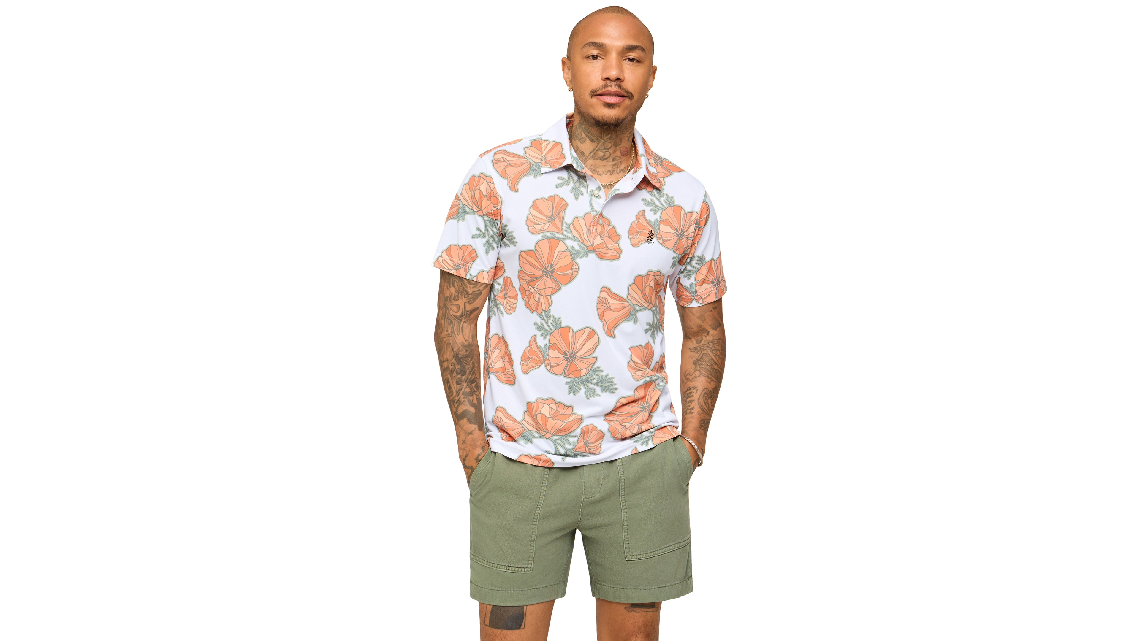 Chubbies Men's The Great Grand Poppy Short-Sleeve Stretch Floral-Print Polo Shirt - Optic White