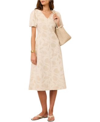 Women's Puff Sleeve V-Neck A-Line Midi Dress