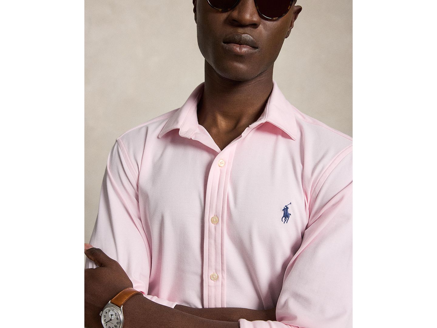 Мужская рубашка Polo Ralph Lauren Stretch Knit Oxford, цвет: Розовый / Белый — фото 3
