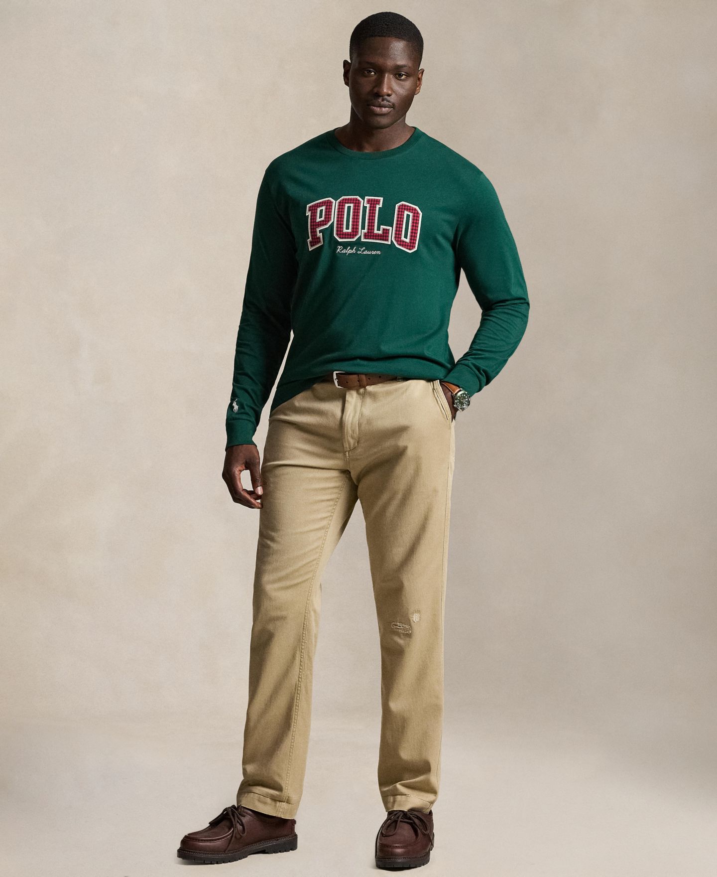 Мужская футболка Polo Ralph Lauren Big & Tall Plaid-Logo Long-Sleeve Graphic, цвет: Мох — фото 2