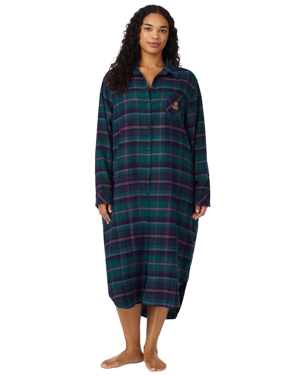 Lauren Ralph Lauren Plus Size Long-Sleeve Button-Front Plaid Sleep Shirt - Green