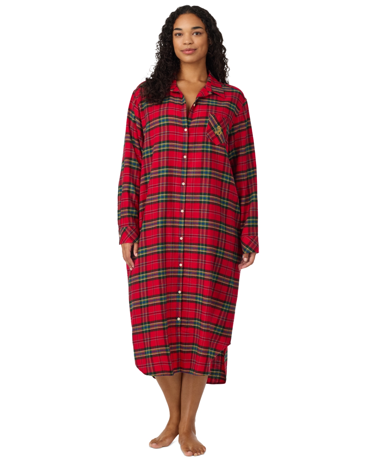Lauren Ralph Lauren Plus Size Long-Sleeve Button-Front Plaid Sleep Shirt - Red