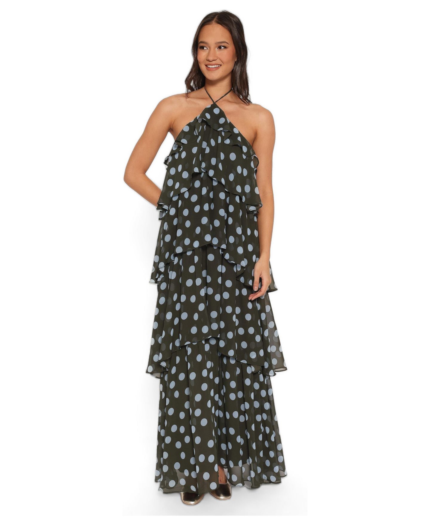 Женское платье Petal and Pup Chasity Halter Tiered-Ruffle Maxi, цвет: Оливковый в горошек — фото 1
