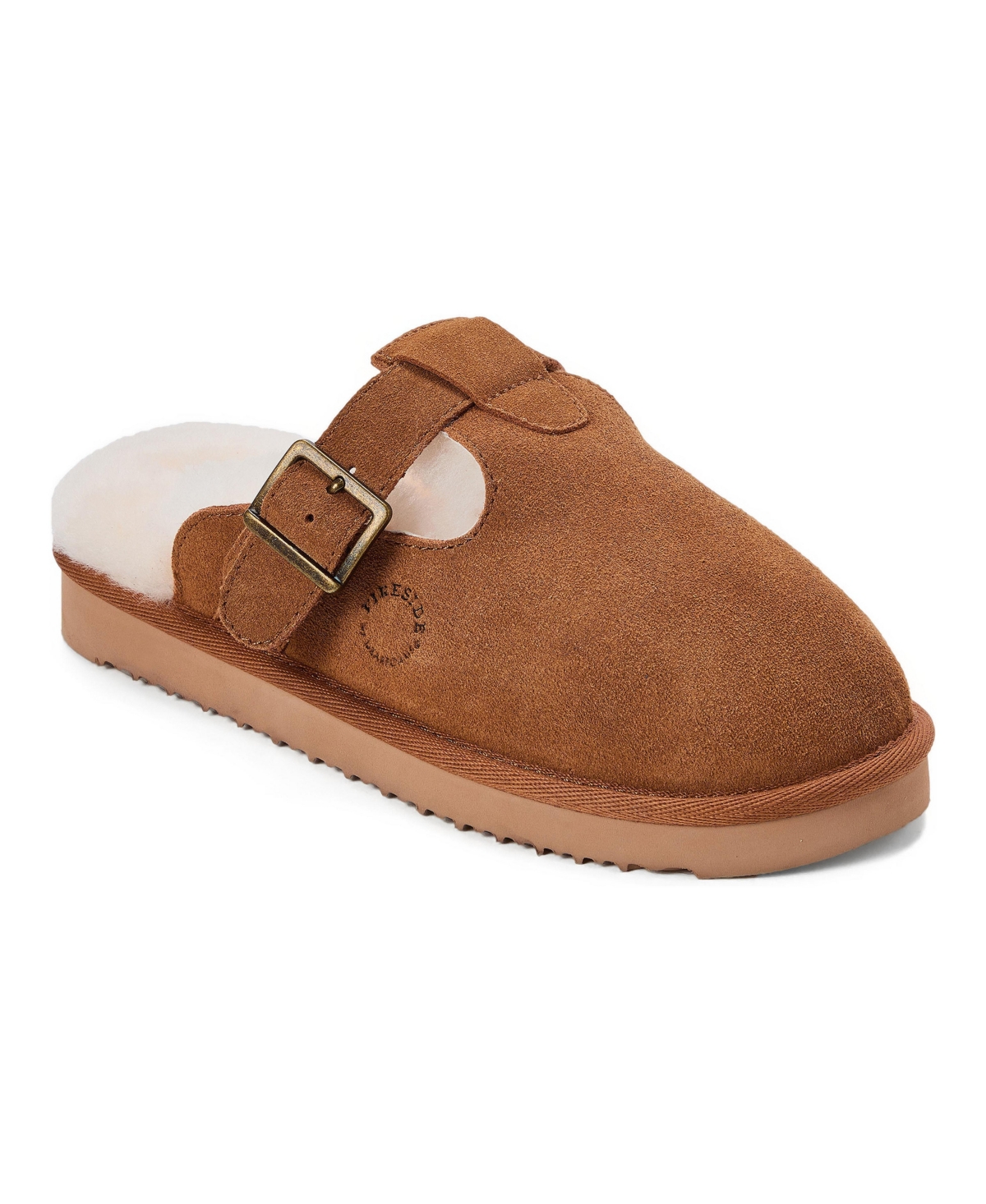 Dearfoams Women's Maitland Genuine Suede Genuine Shearling Buckle Slippers - Chestnut
