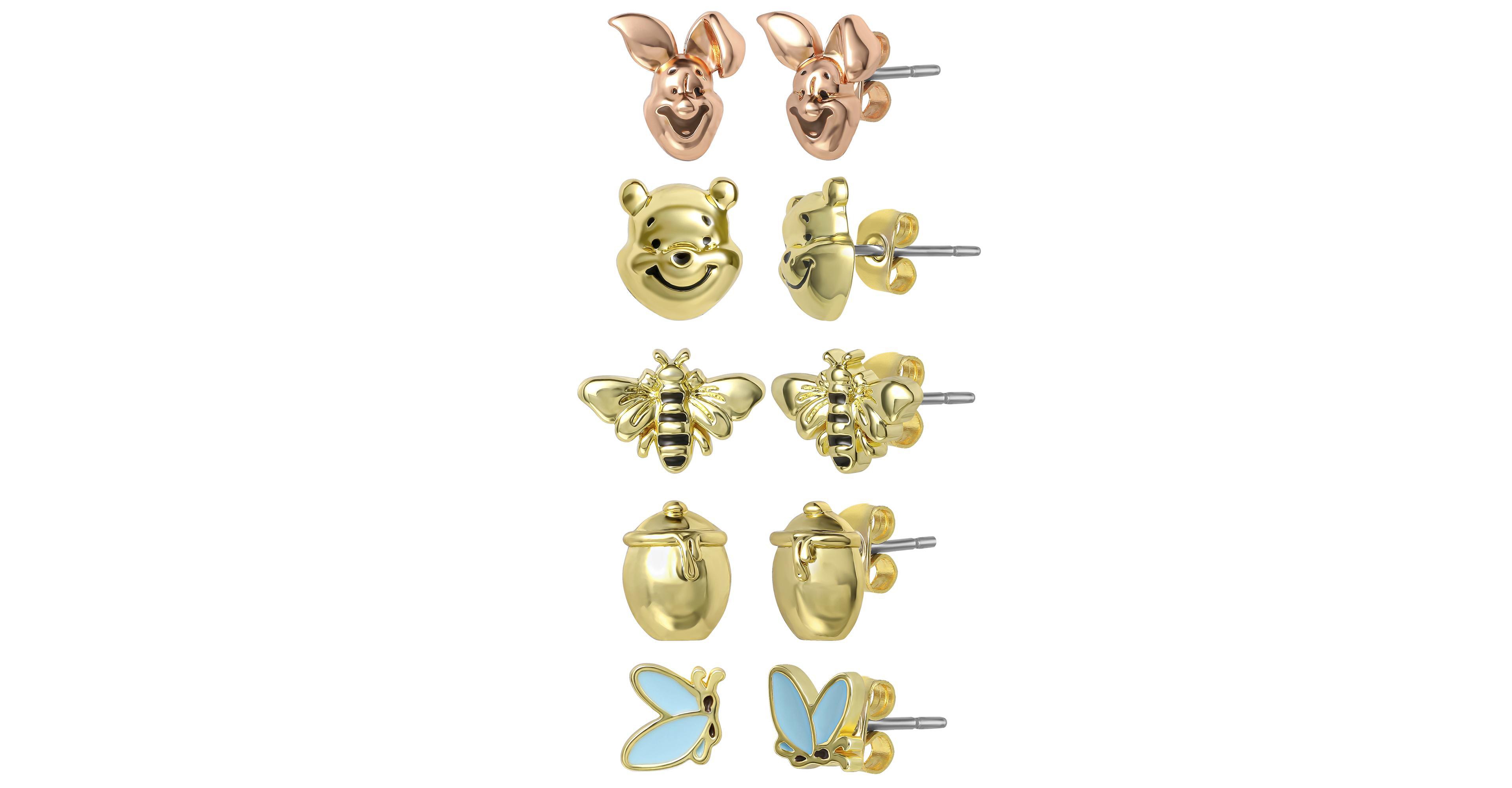 Winnie the Pooh Earrings Pack of 5 Official License, 18k Gold Flash Plate
