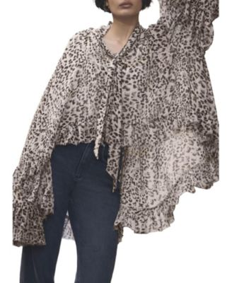Women's Leopard-Print Long-Sleeve Tie-Neck Blouse