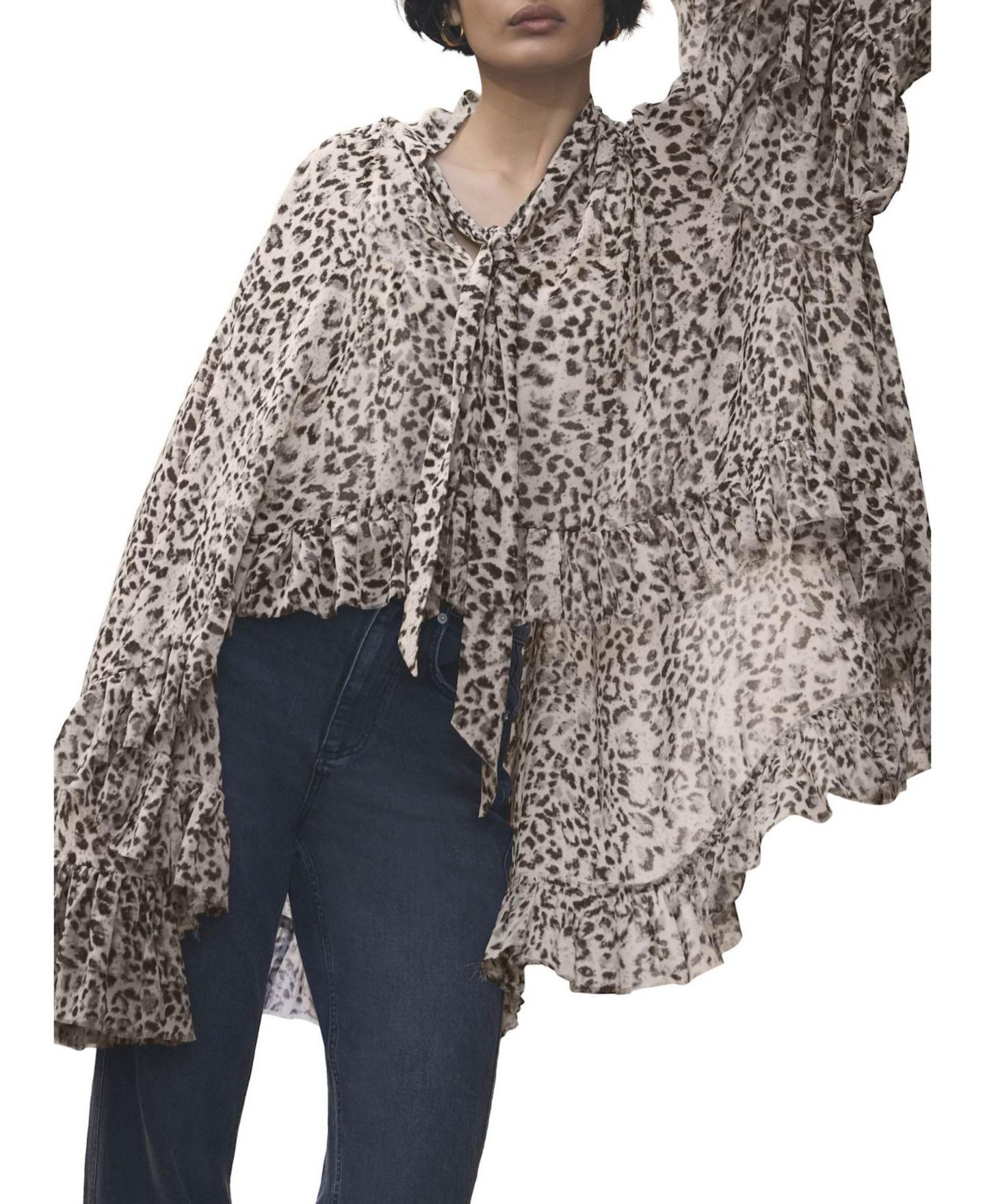Женская блузка Mint Velvet Leopard-Print Long-Sleeve Tie-Neck, цвет: Верблюжий — фото 1