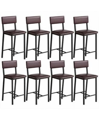 8-Piece Bar Stools Set, Brown Sponge Leather Soft Cushion with Backrest & Footrest, Counter Height for Kitchen and Dining