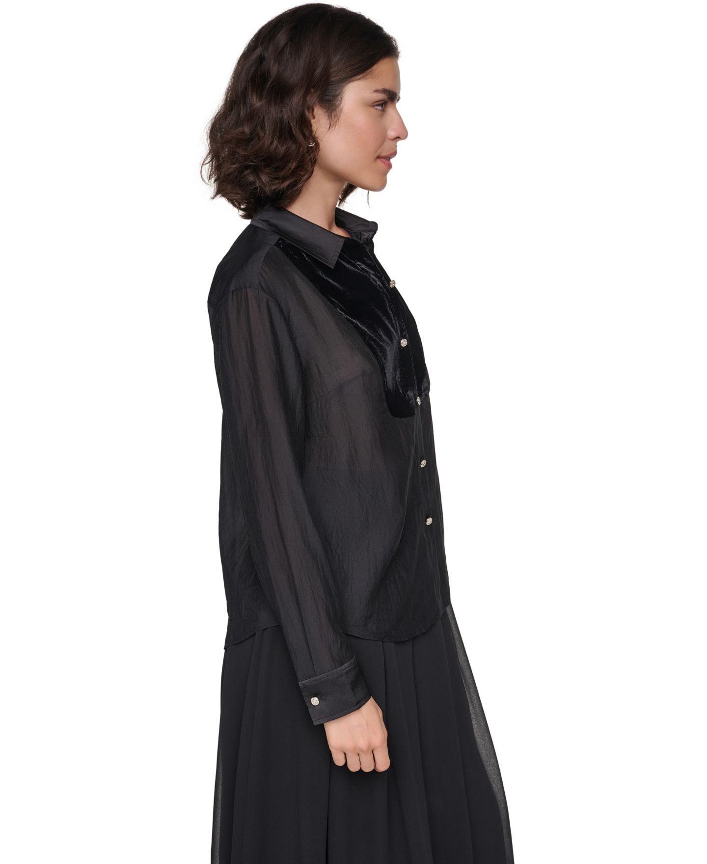 Женская блузка KARL LAGERFELD PARIS Velvet Long-Sleeve Point-Collar Blouse, цвет: Чёрный — фото 4
