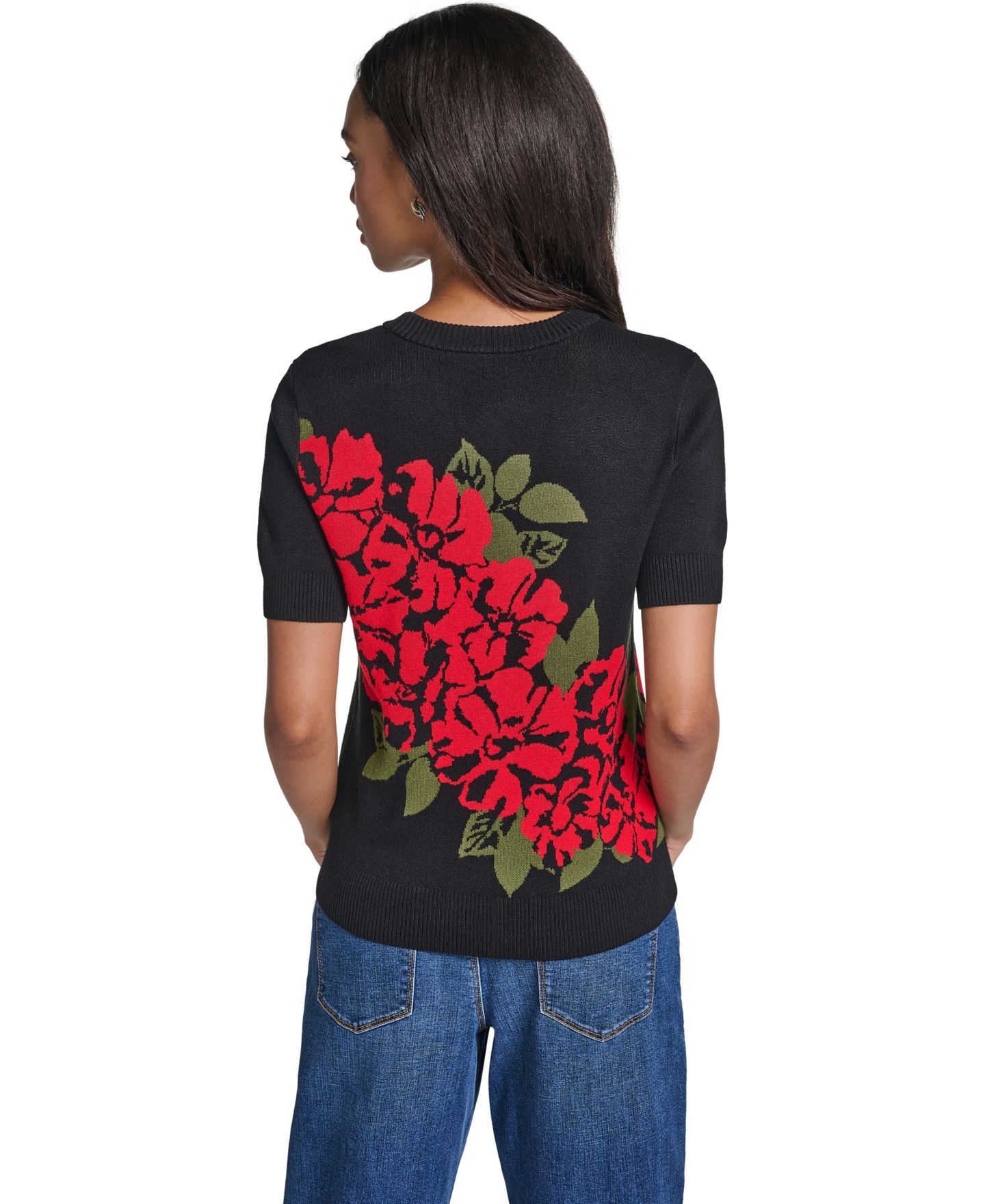 Женский свитер KARL LAGERFELD PARIS Petite Short-Sleeve Crewneck Rose-Print Pullover, цвет: Чёрный / Красный — фото 6