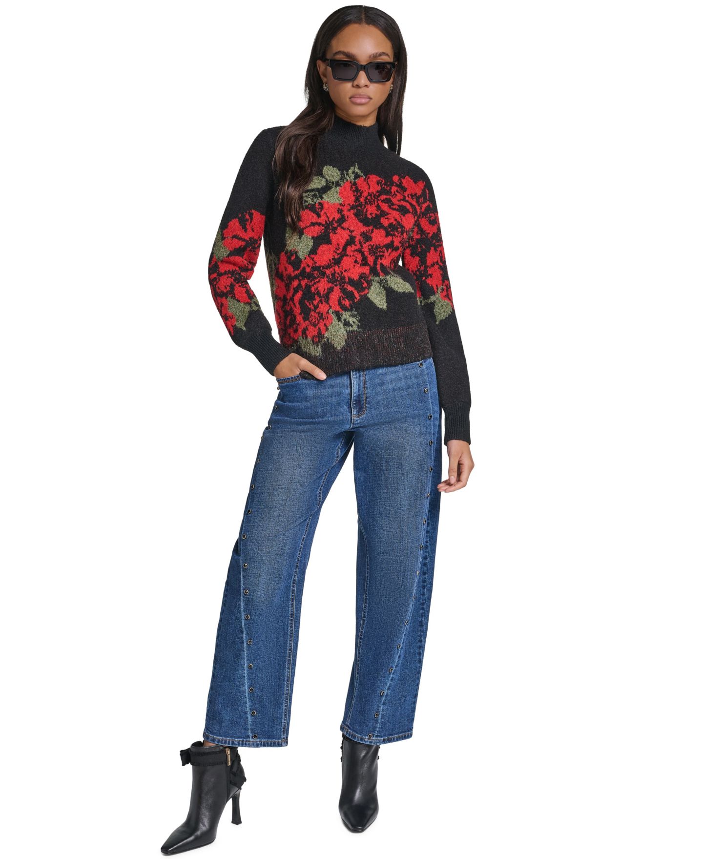 Женский свитер KARL LAGERFELD PARIS Petite Rose Floral-Print Mock Neck, цвет: Чёрный / Красный — фото 3