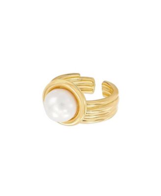 Meandro Textured Pearl Statement Adjustable Ring 14k Gold Plated Bold