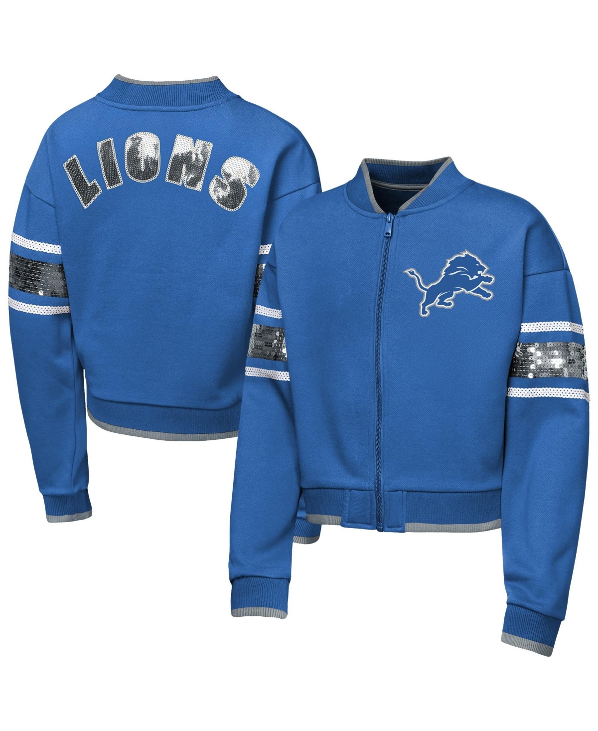Outerstuff Girls' 4-16 Detroit Lions Mvp Sequin Full-Zip Fleece-Lined Bomber Jacket - Blue