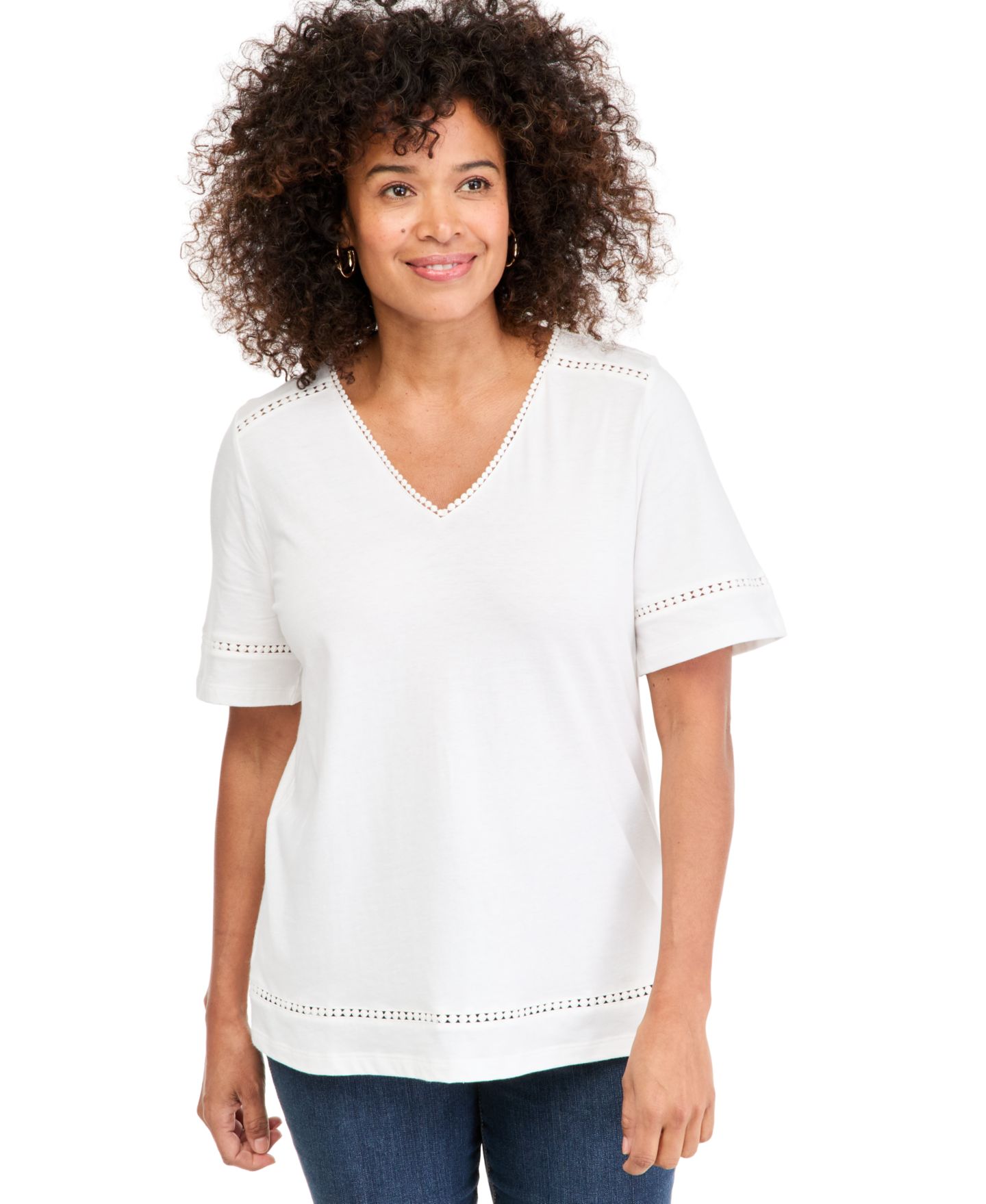 Женский топ Style & Co Short-Sleeve V-Neck Knit, цвет: Яркий белый — фото 1