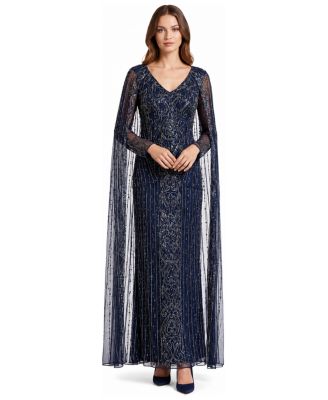 Women's V-Neck Beaded Long Cape Gown