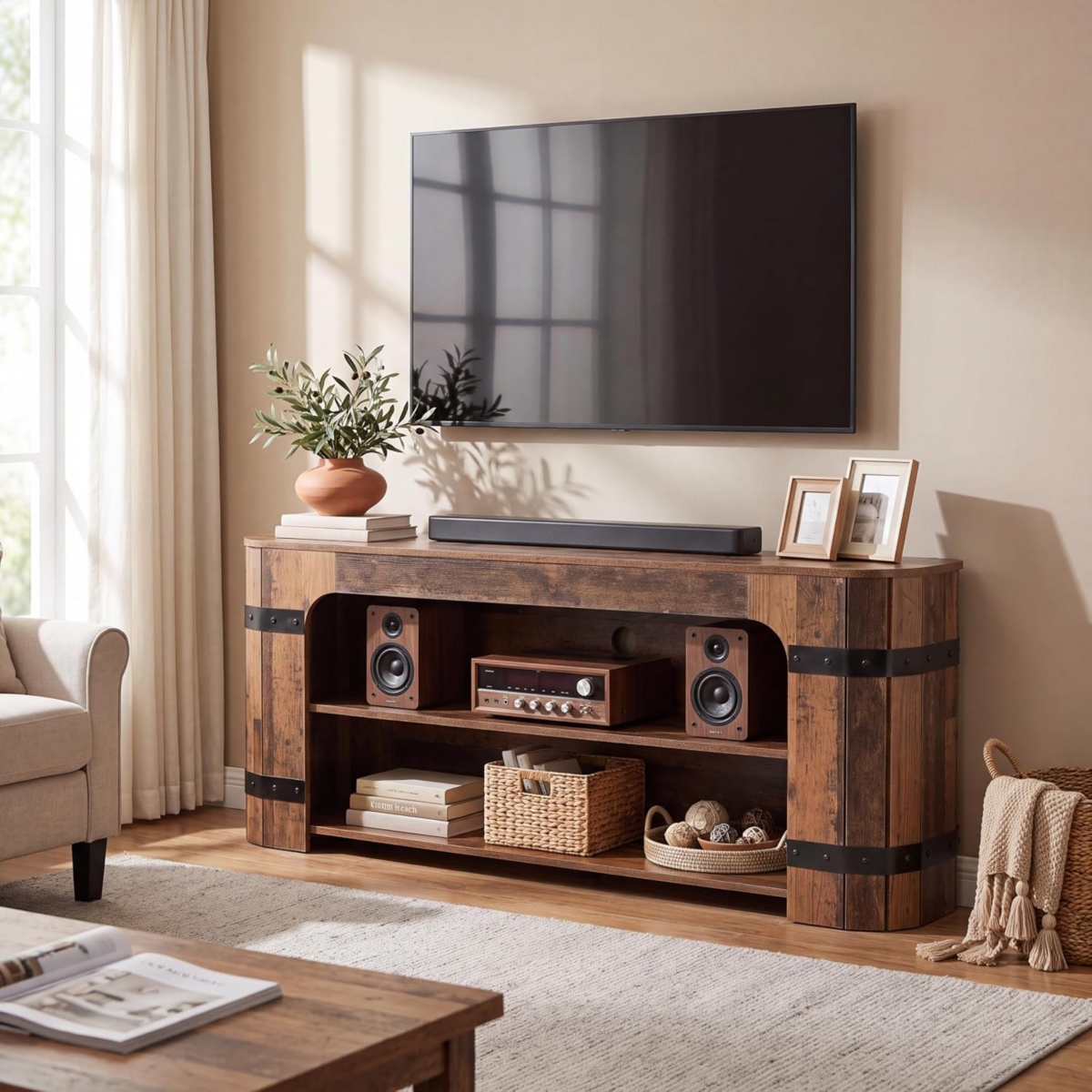 Tribesigns 63 Rustic Farmhouse Tv Stand with 2 Tier Open Storage and Metal Accents