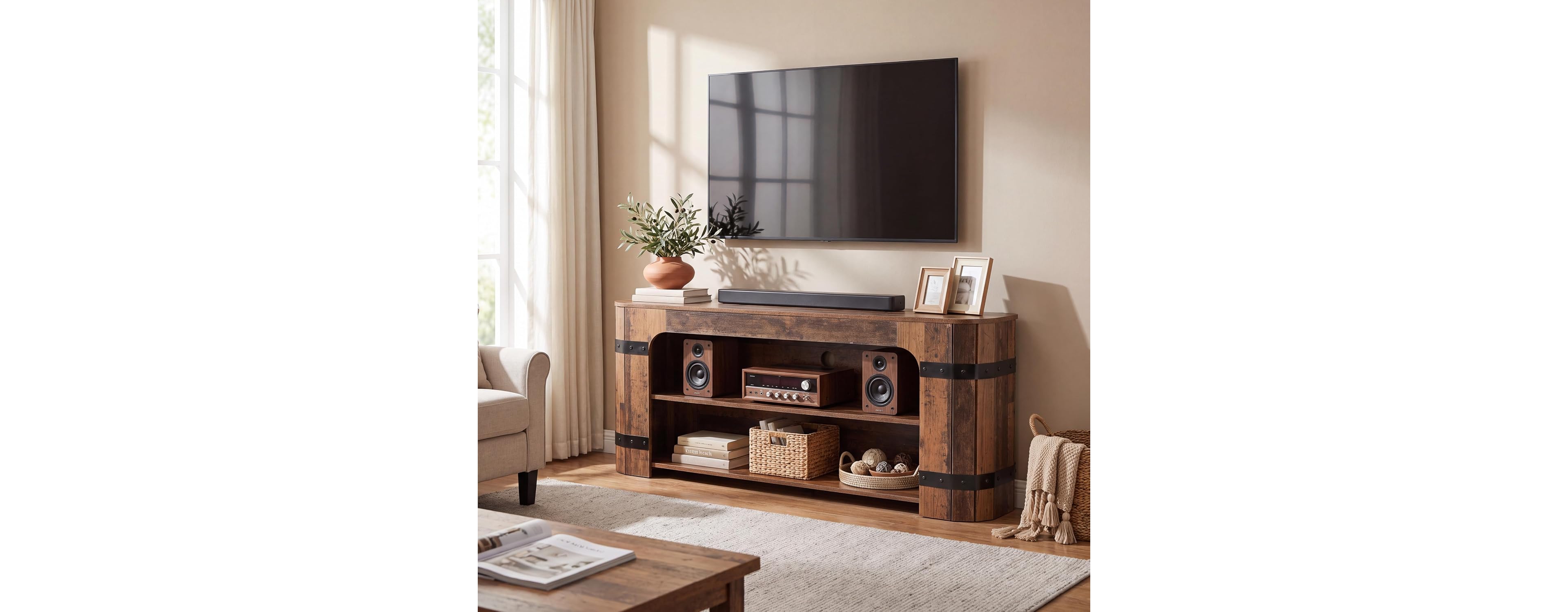 Tribesigns 63 Rustic Farmhouse Tv Stand with 2 Tier Open Storage and Metal Accents