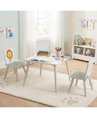 3 Pieces Kids Table and Chairs Set with Animal Patterns Wood Legs Rounded Corners
