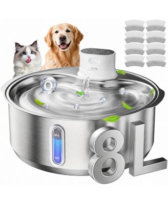 270oz Cordless Stainless Steel Dog Water Fountain, 6 Filter